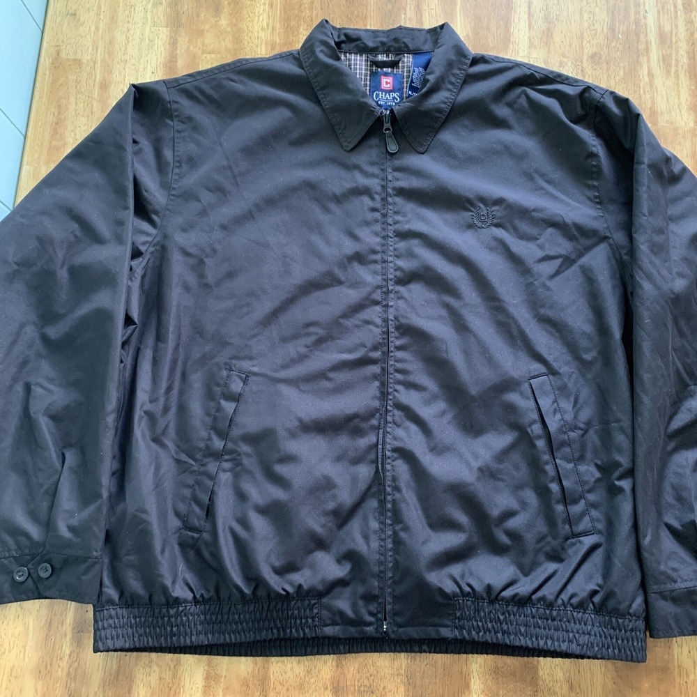 VINTAGE Chaps Black Jacket Men XL Black Harrington Coat Flannel Lined Dress